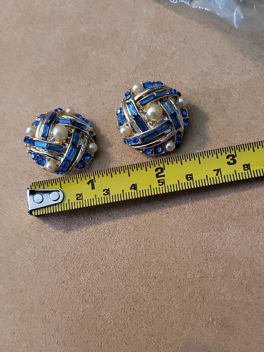Earrings Vintage Blue Rhinestones Pearls Clip - Picture 6 of 6